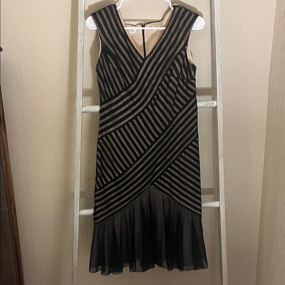London Times Black and Tan Striped Midi Dress